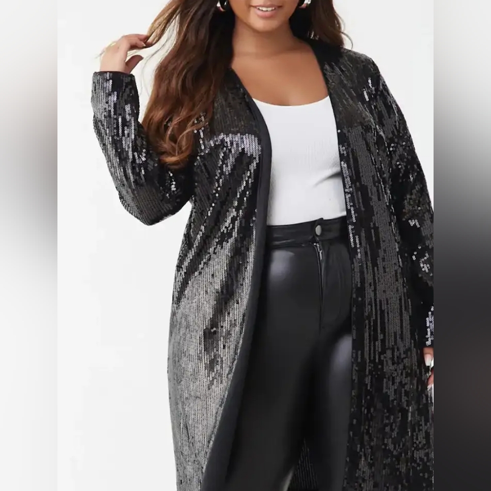 Forever 21 Plus Black Sequin Duster Long Sleeve Open Cardigan 3X